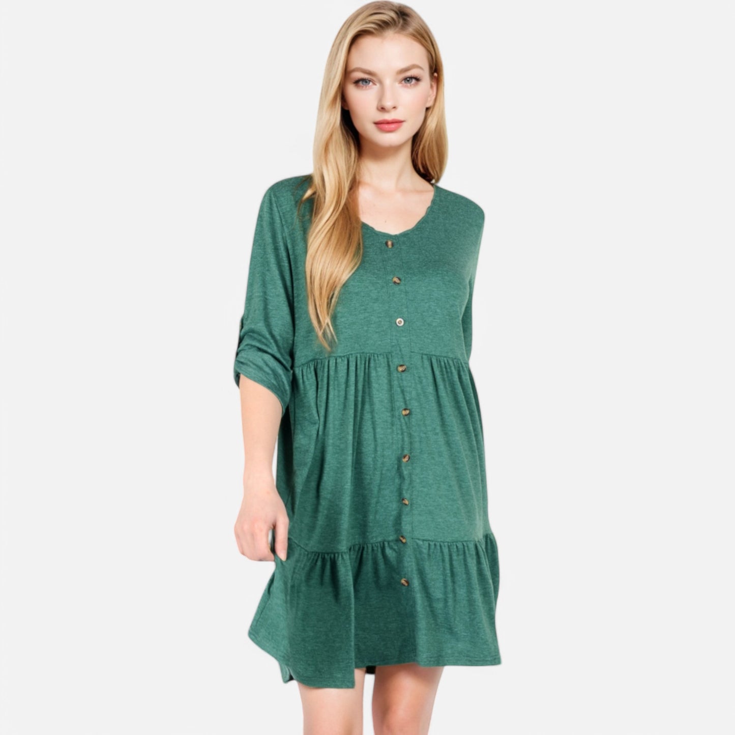 Women's V-Neck Button-Front Babydoll Dress with 3/4 Sleeves and Tiered Ruffle Hem