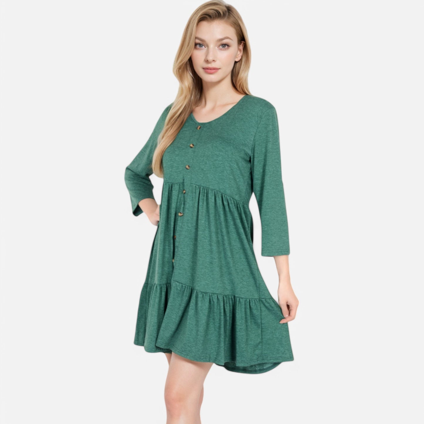 Women's V-Neck Button-Front Babydoll Dress with 3/4 Sleeves and Tiered Ruffle Hem