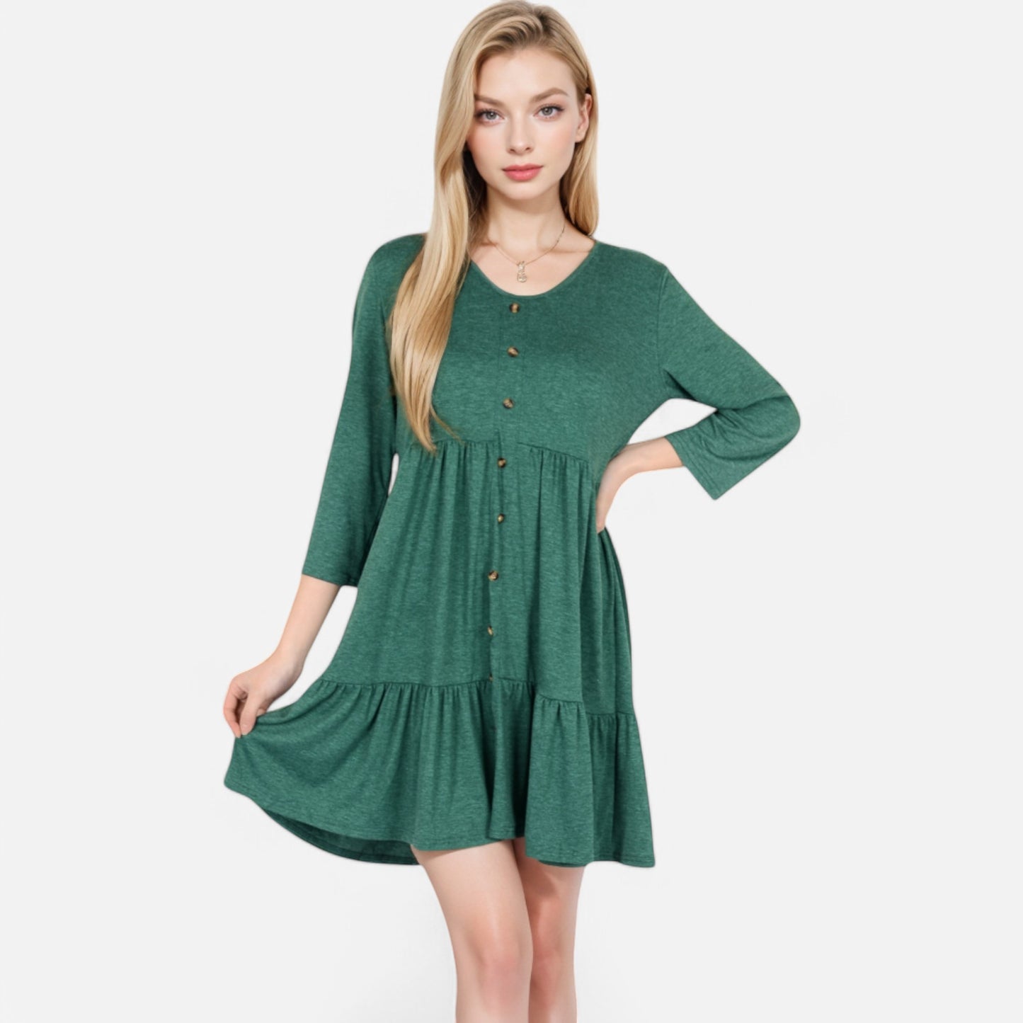 Women's V-Neck Button-Front Babydoll Dress with 3/4 Sleeves and Tiered Ruffle Hem