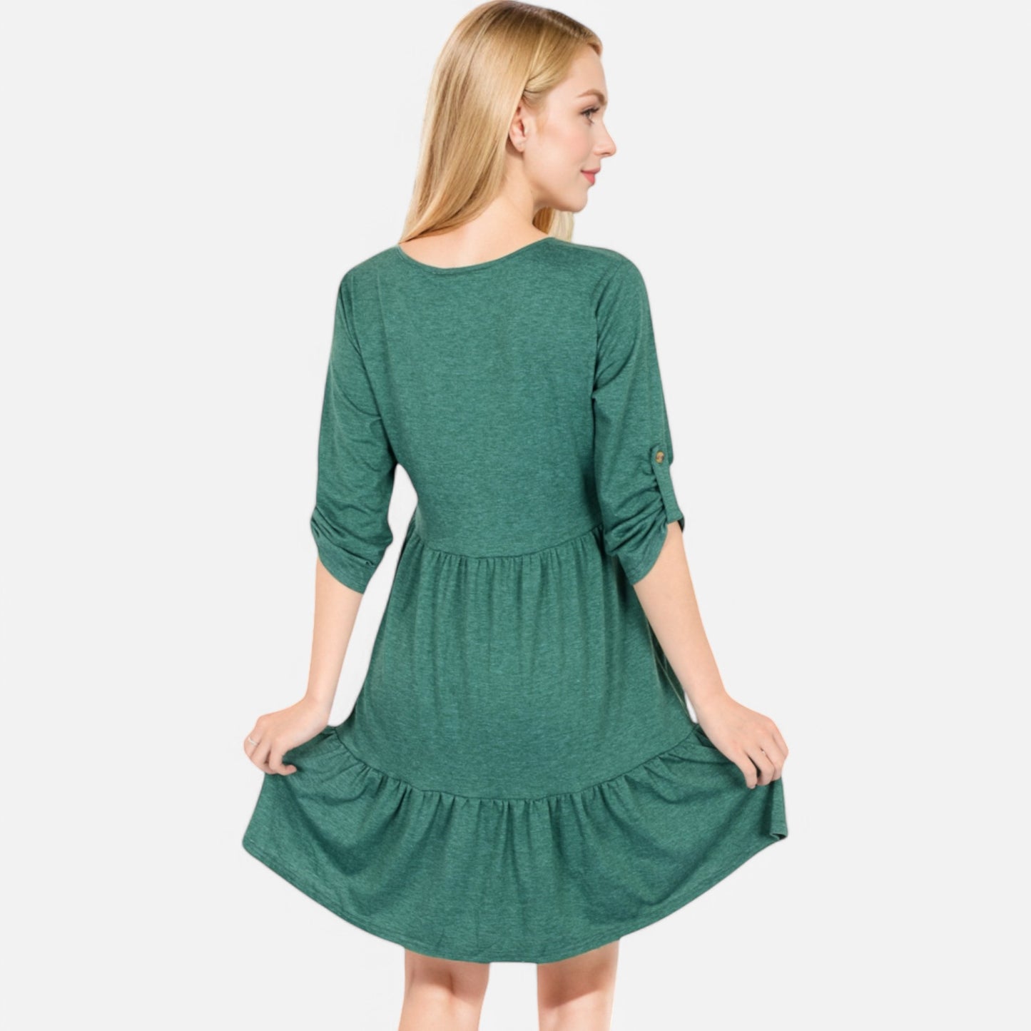 Women's V-Neck Button-Front Babydoll Dress with 3/4 Sleeves and Tiered Ruffle Hem