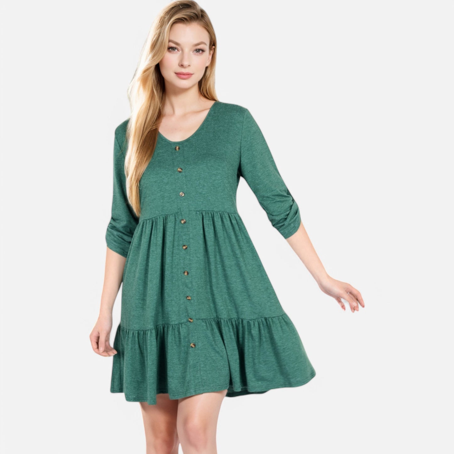 Women's V-Neck Button-Front Babydoll Dress with 3/4 Sleeves and Tiered Ruffle Hem