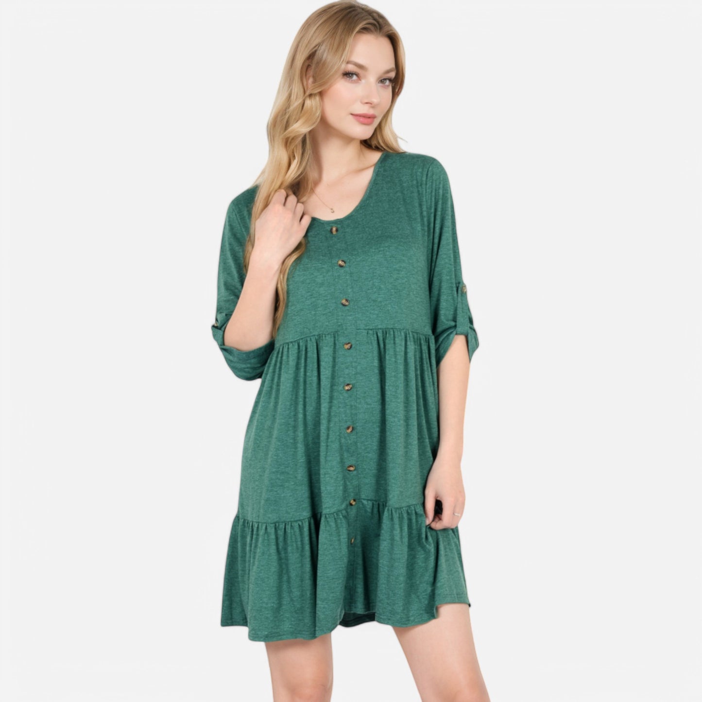 Women's V-Neck Button-Front Babydoll Dress with 3/4 Sleeves and Tiered Ruffle Hem