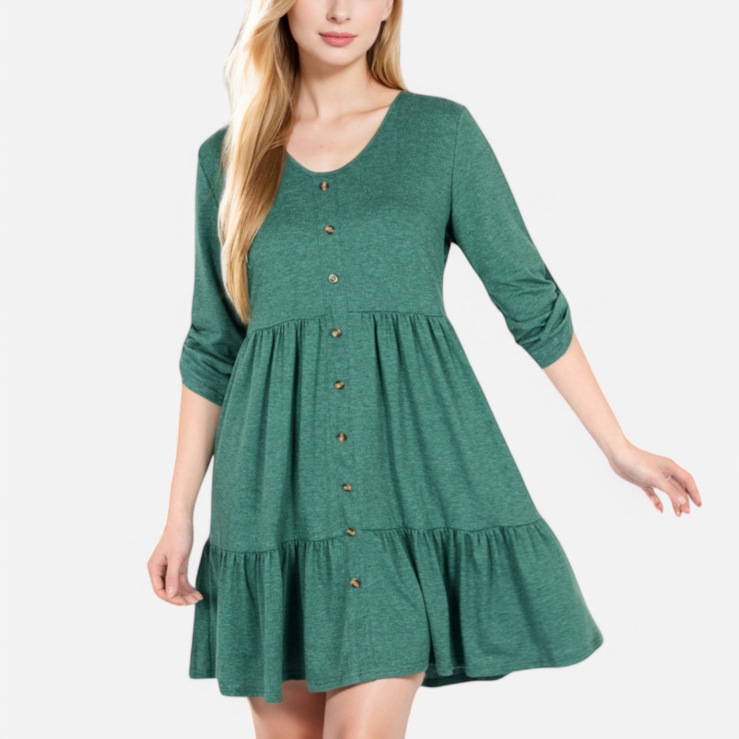 Women's V-Neck Button-Front Babydoll Dress with 3/4 Sleeves and Tiered Ruffle Hem
