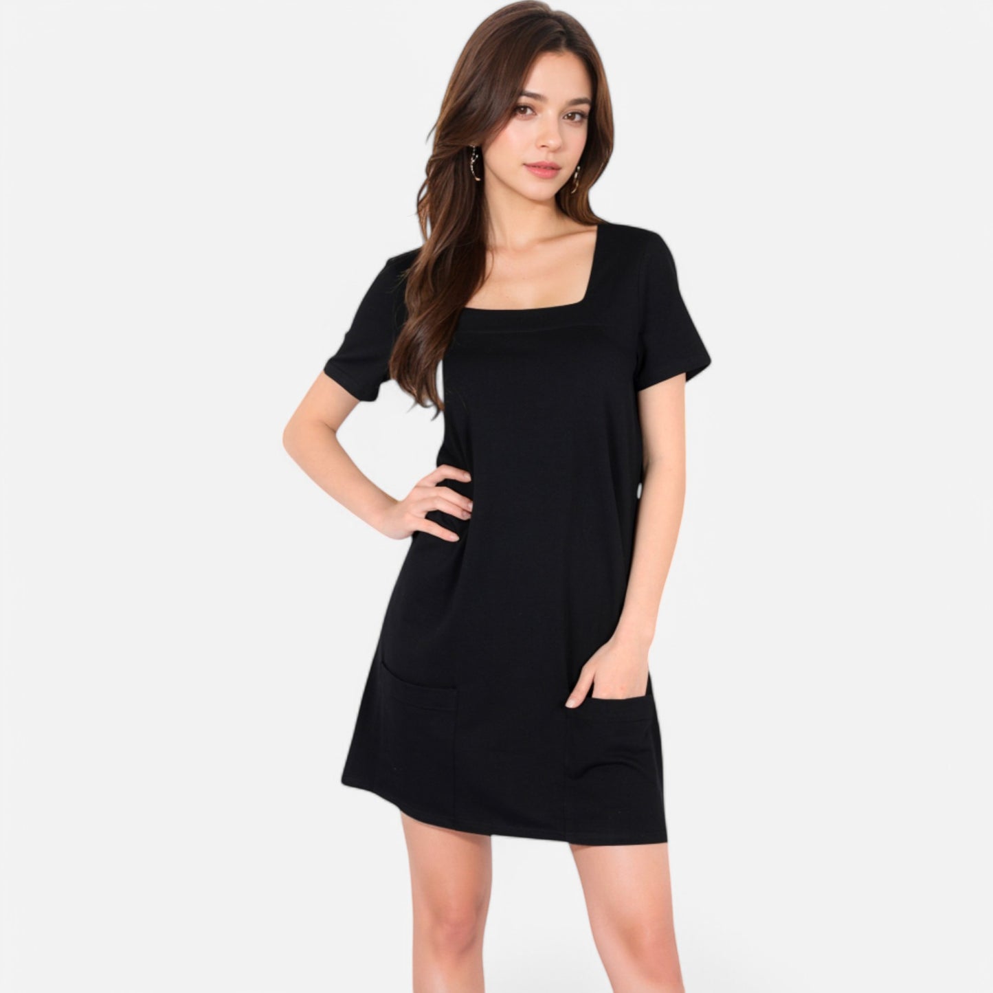 Women's Square Neck Short Sleeve Shift Dress with Front Pockets