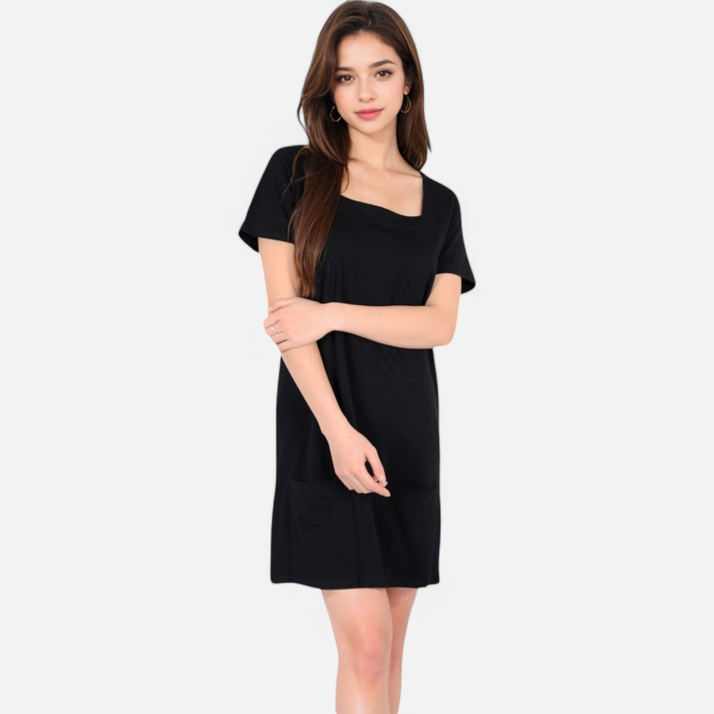 Women's Square Neck Short Sleeve Shift Dress with Front Pockets