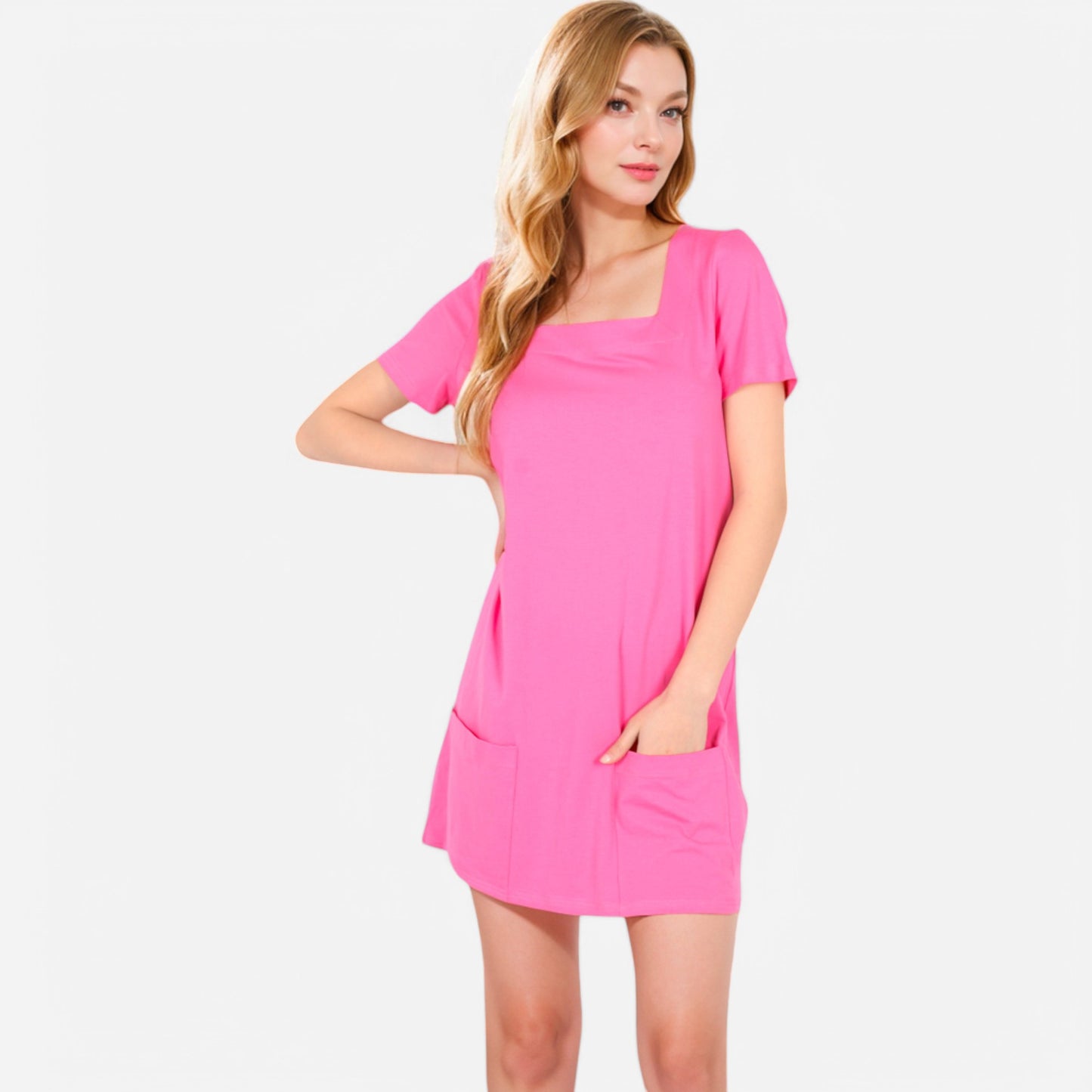 Women's Square Neck Short Sleeve Shift Dress with Front Pockets