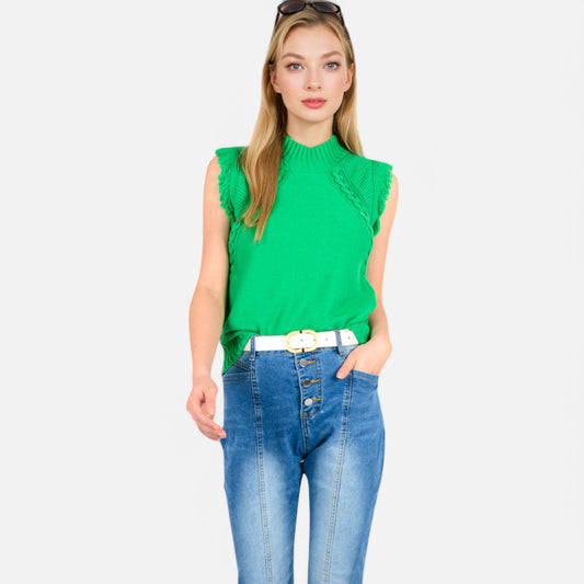 Women's Sleeveless Knit Sweater Top with Fringe Shoulder Detail