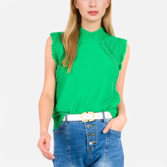 Women's Sleeveless Knit Sweater Top with Fringe Shoulder Detail