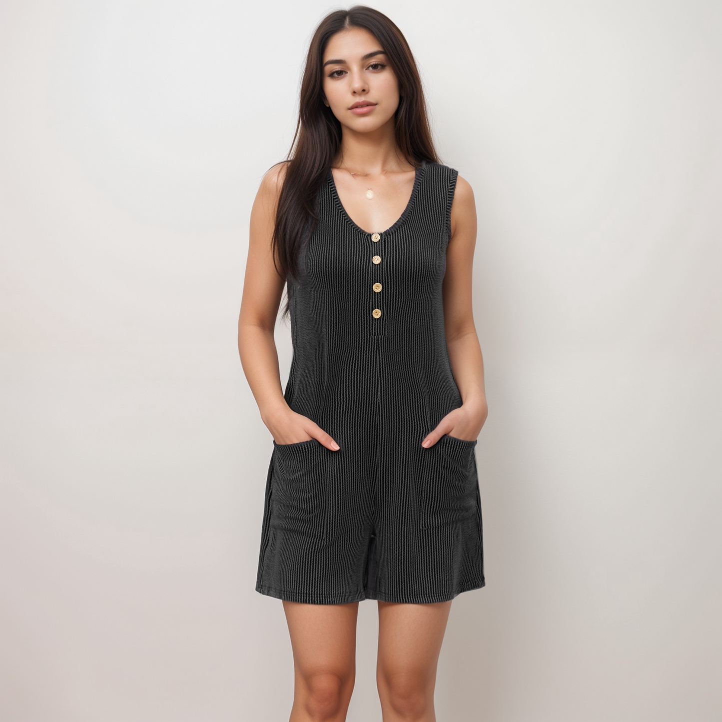 Women's Textured Knit Sleeveless Romper with Button Front Detail and Side Pockets
