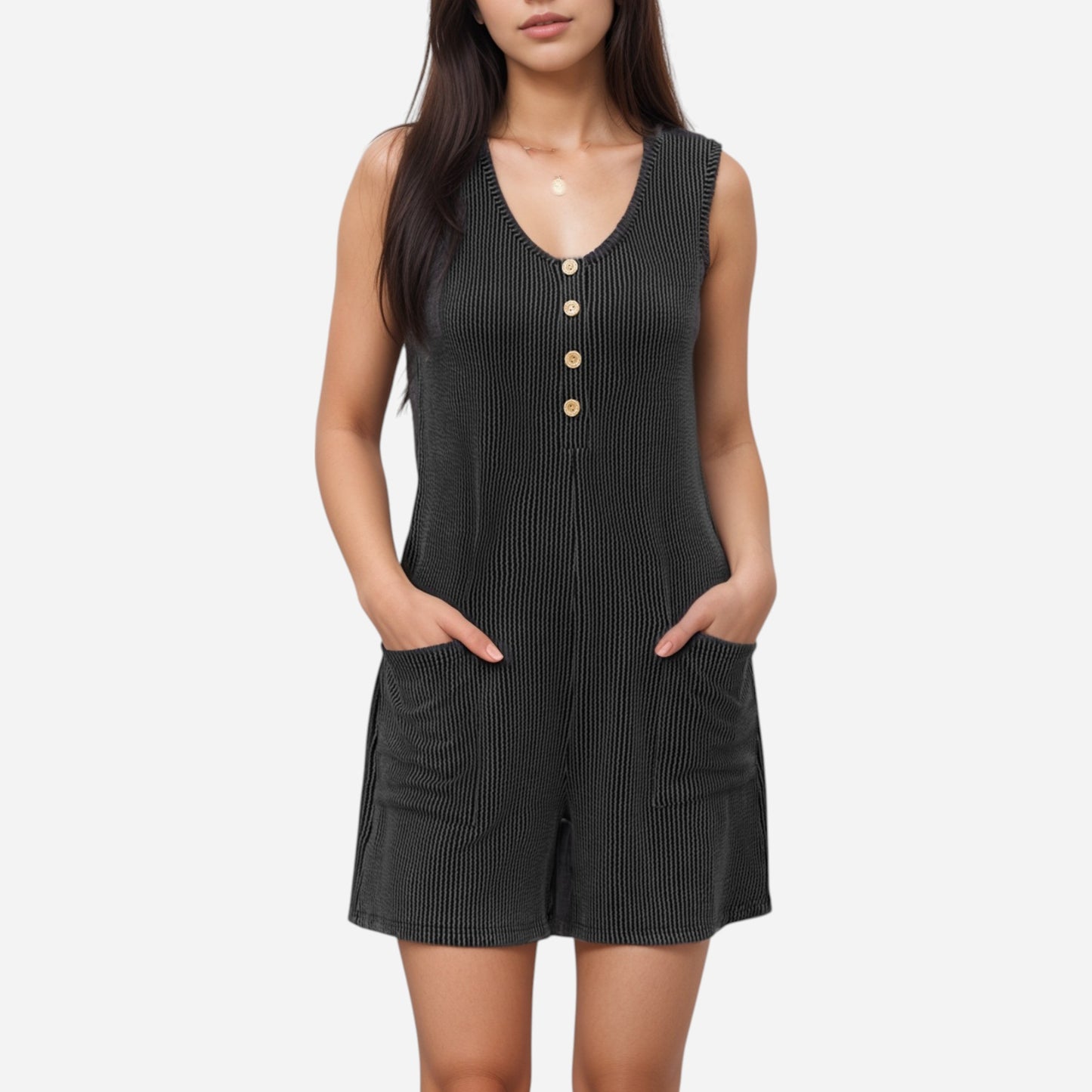 Women's Textured Knit Sleeveless Romper with Button Front Detail and Side Pockets