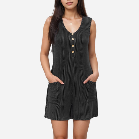 Women's Textured Knit Sleeveless Romper with Button Front Detail and Side Pockets