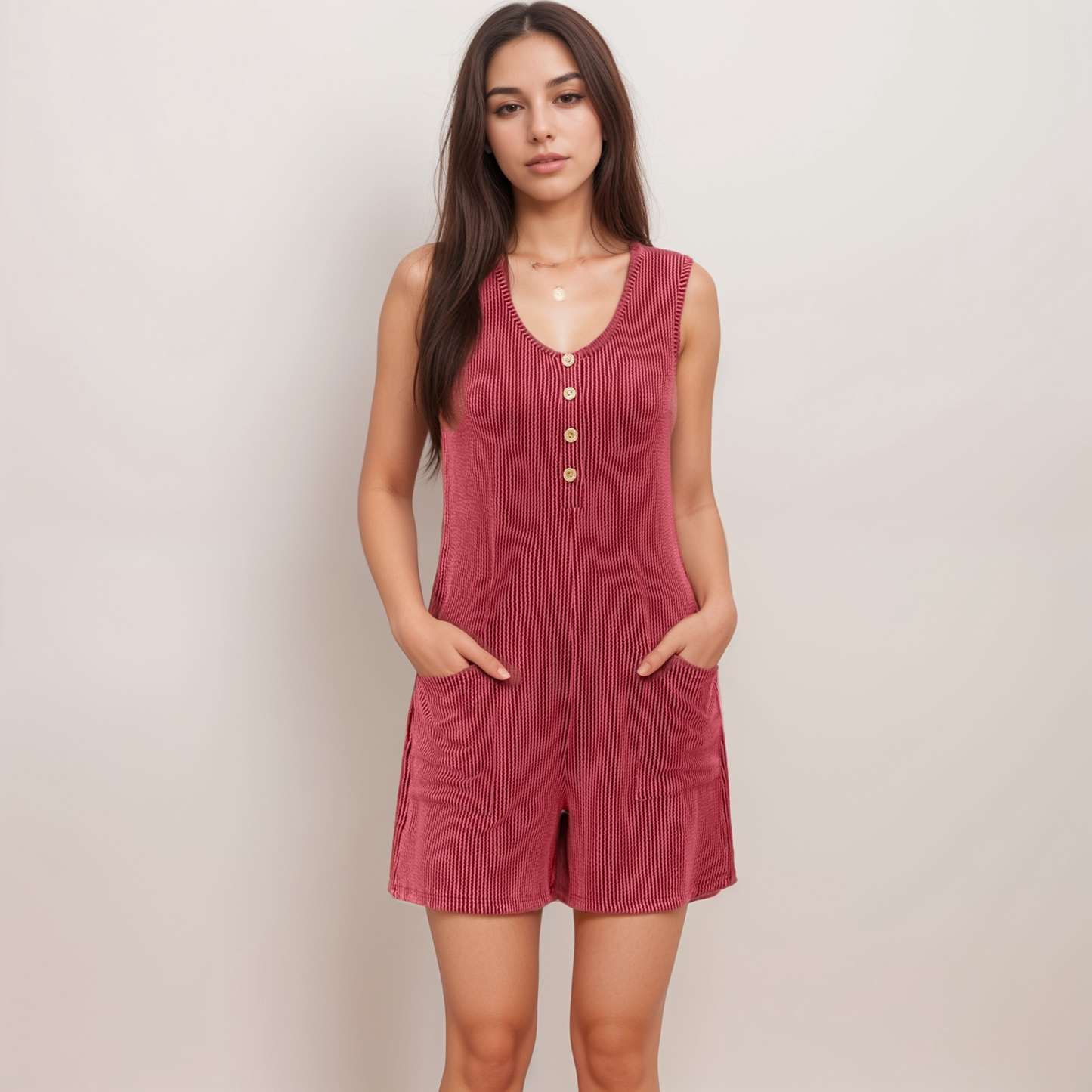 Women's Textured Knit Sleeveless Romper with Button Front Detail and Side Pockets