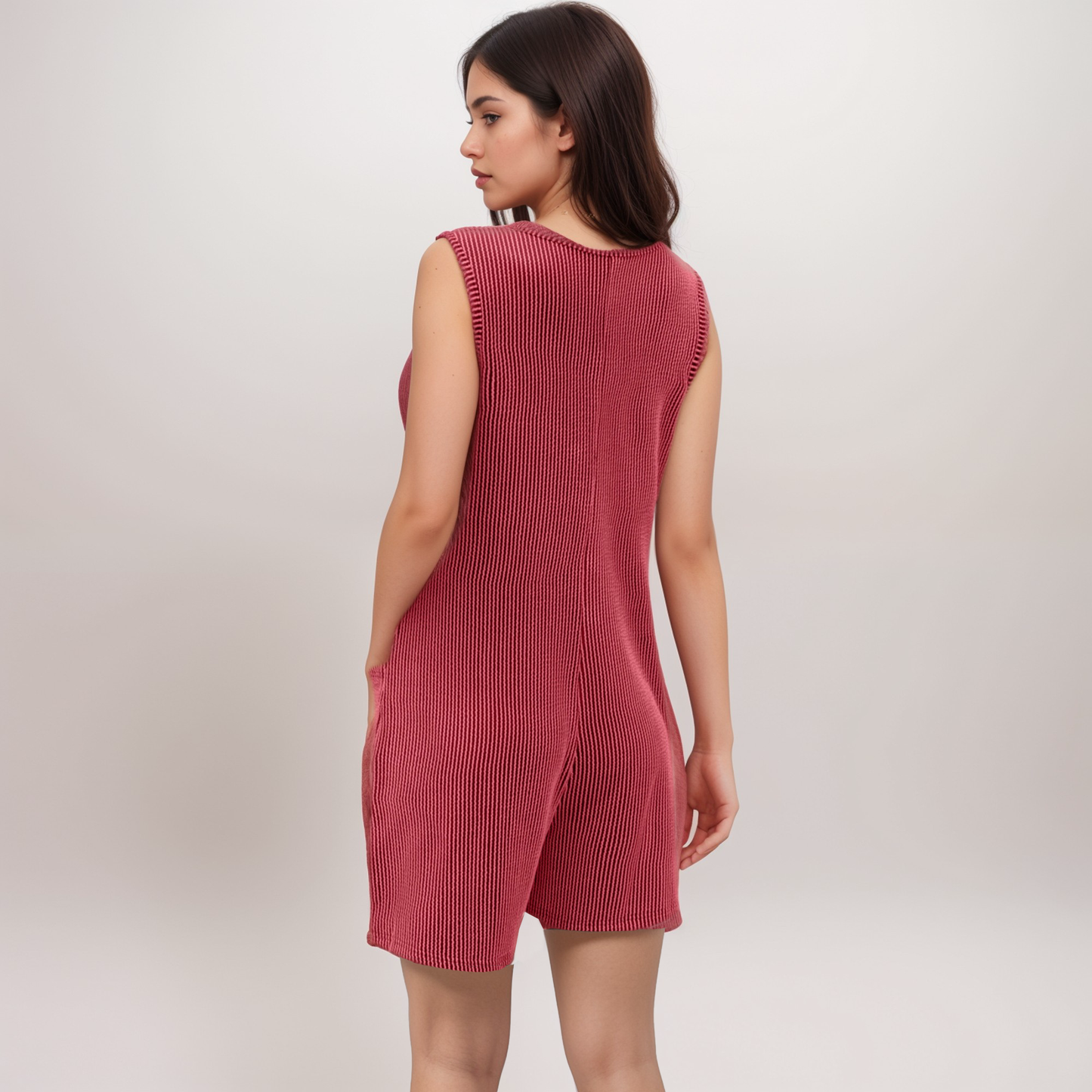 Women's Textured Knit Sleeveless Romper with Button Front Detail and Side Pockets