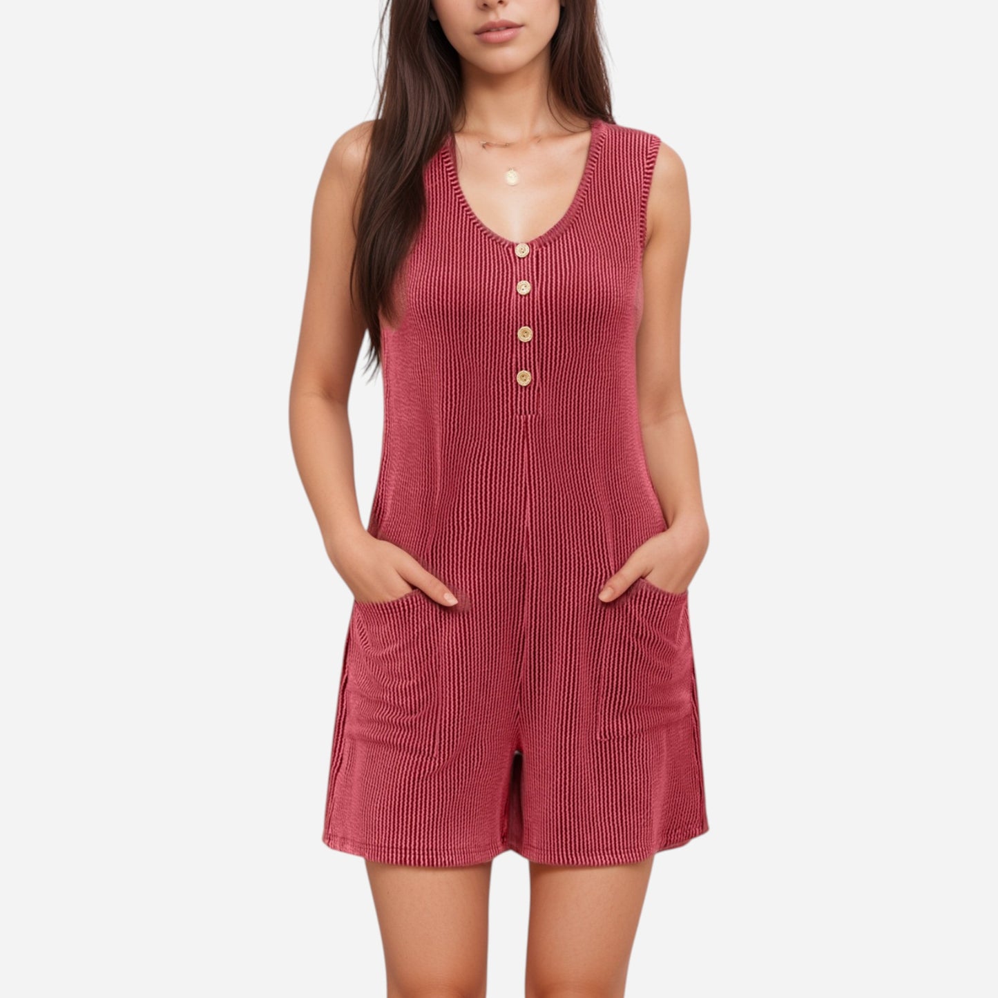 Women's Textured Knit Sleeveless Romper with Button Front Detail and Side Pockets