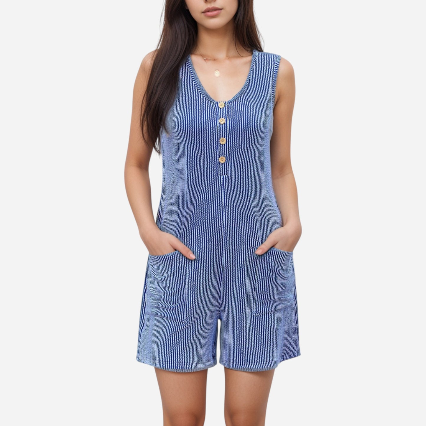 Women's Textured Knit Sleeveless Romper with Button Front Detail and Side Pockets
