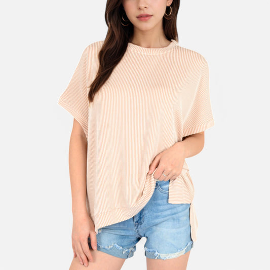 Women's Oversized Knit Pullover Top with Side Slits and Ribbed Texture