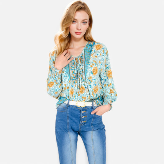 Women's Floral Boho Peasant Blouse with Long Sleeves and Tassel Tie