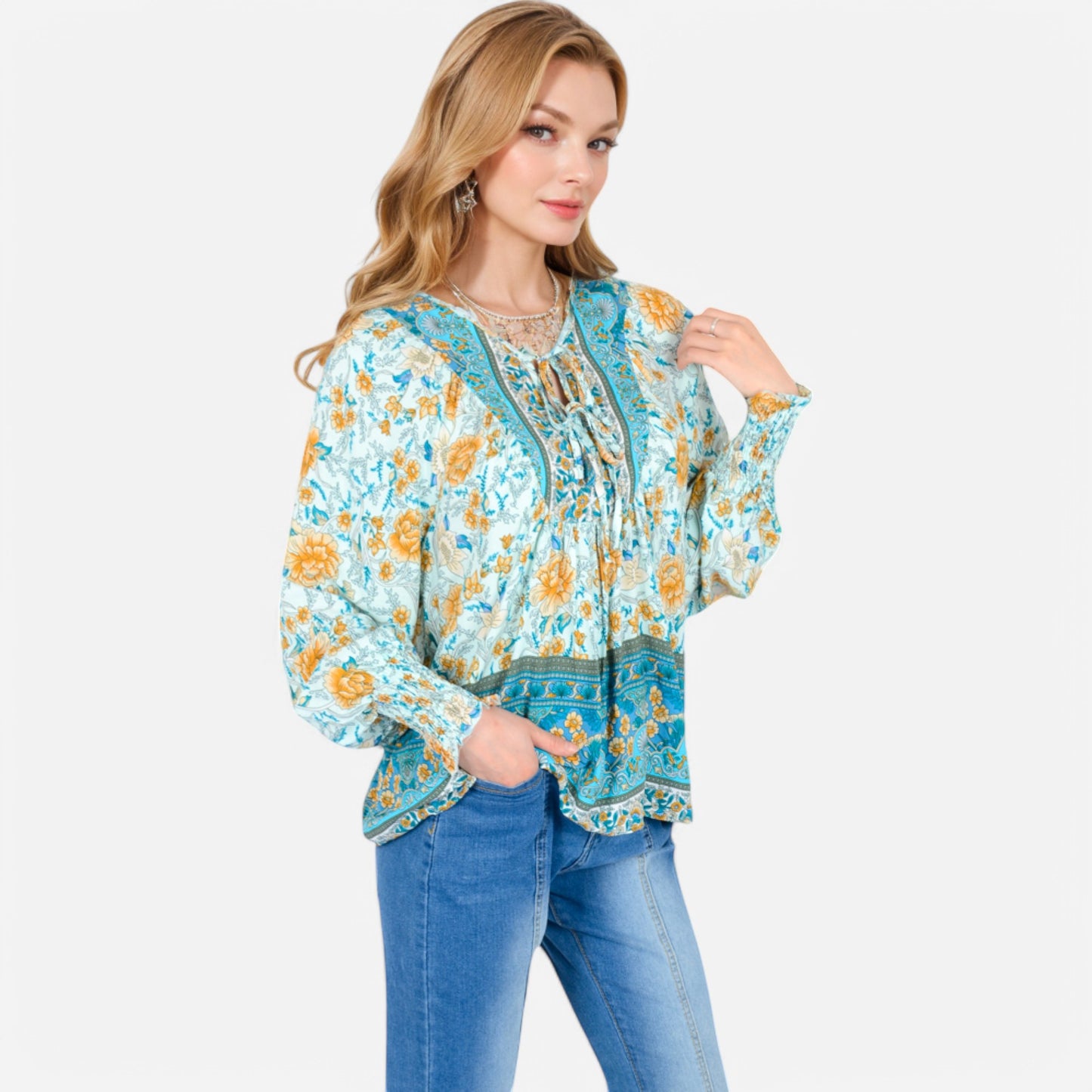 Women's Floral Boho Peasant Blouse with Long Sleeves and Tassel Tie