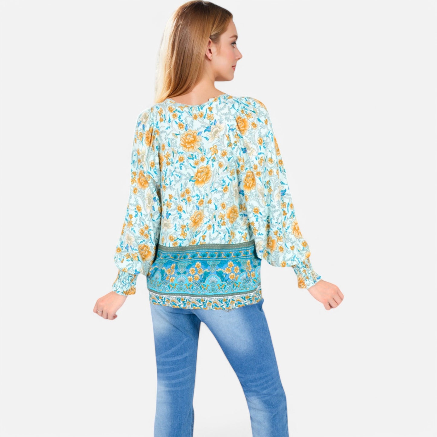 Women's Floral Boho Peasant Blouse with Long Sleeves and Tassel Tie