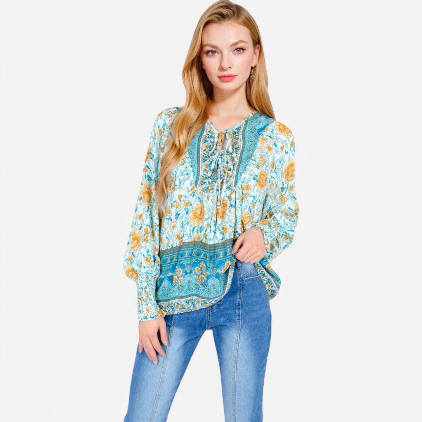 Women's Floral Boho Peasant Blouse with Long Sleeves and Tassel Tie