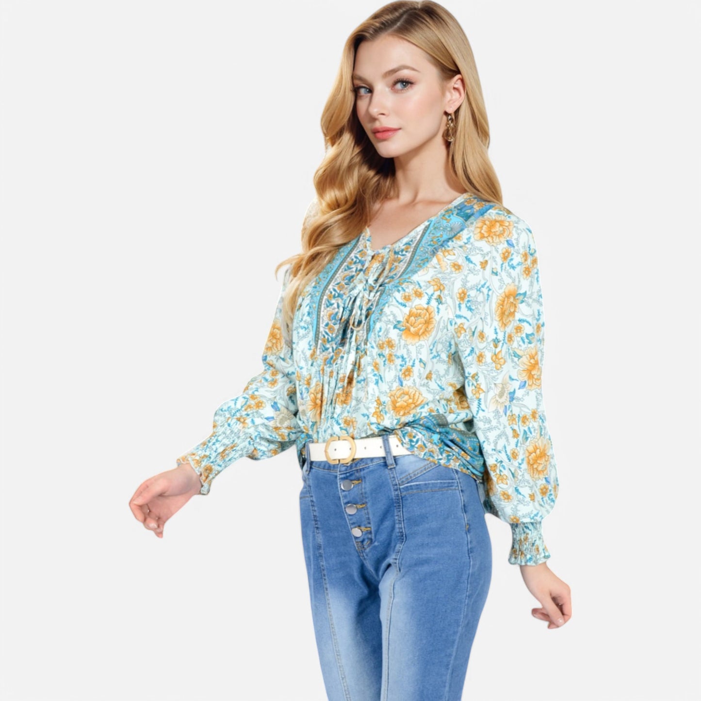 Women's Floral Boho Peasant Blouse with Long Sleeves and Tassel Tie