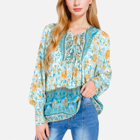 Women's Floral Boho Peasant Blouse with Long Sleeves and Tassel Tie