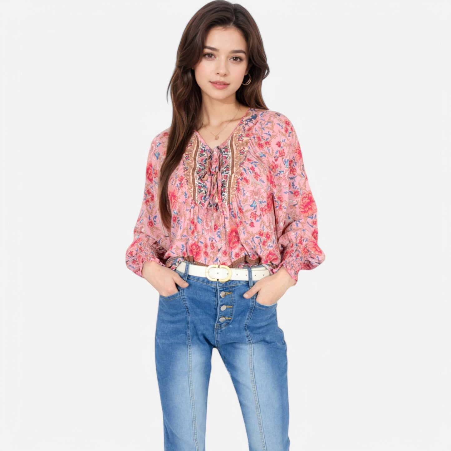 Women's Floral Boho Peasant Blouse with Long Sleeves and Tassel Tie