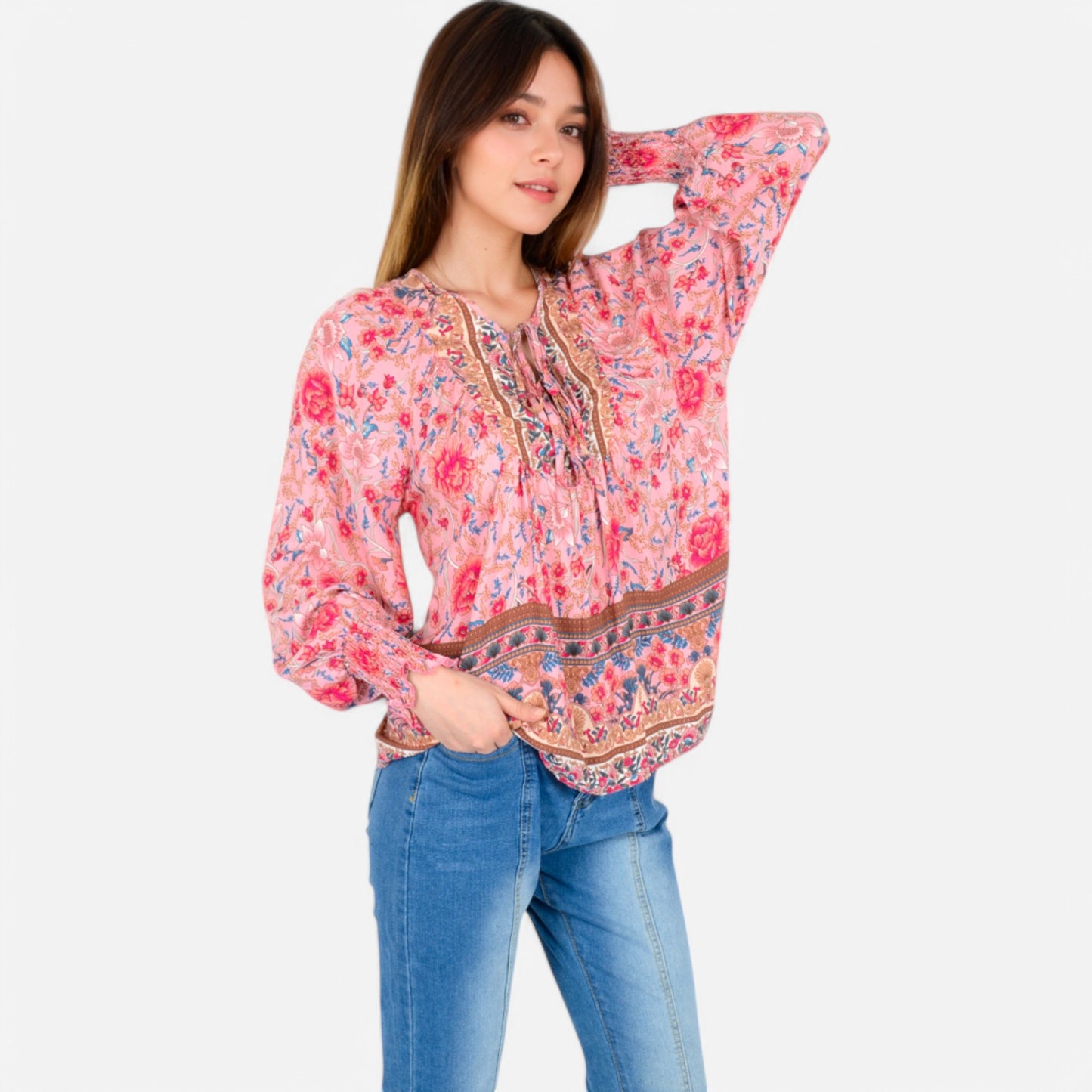 Women's Floral Boho Peasant Blouse with Long Sleeves and Tassel Tie