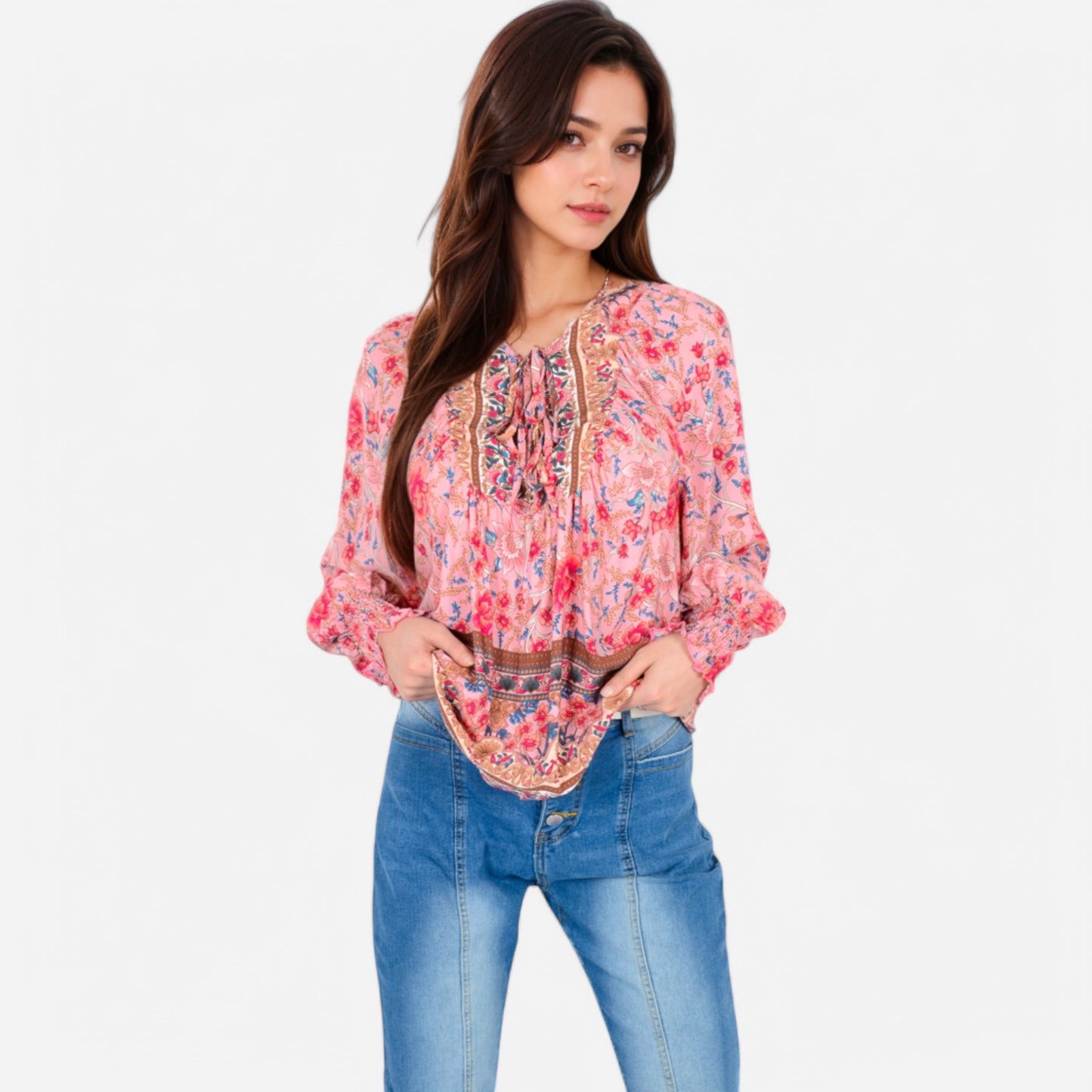 Women's Floral Boho Peasant Blouse with Long Sleeves and Tassel Tie