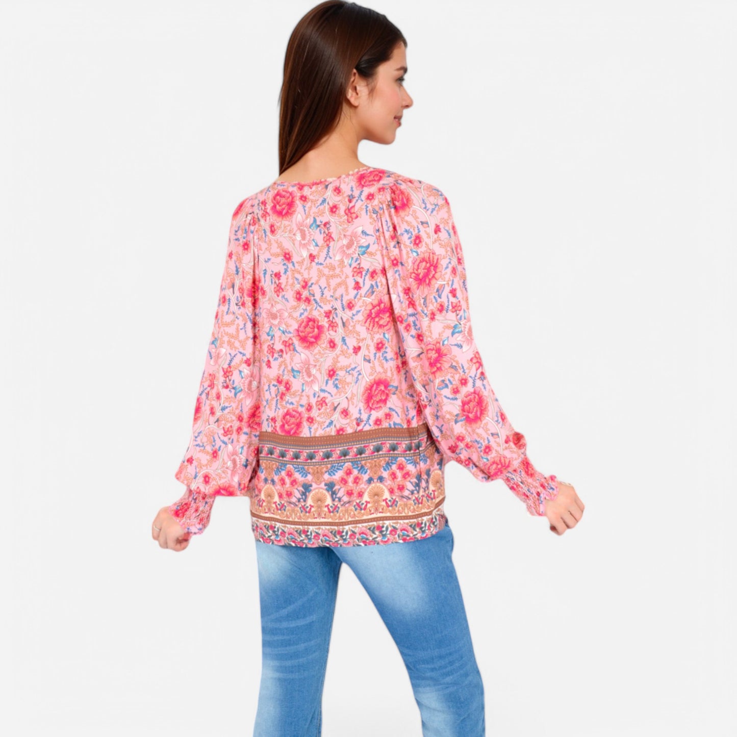 Women's Floral Boho Peasant Blouse with Long Sleeves and Tassel Tie