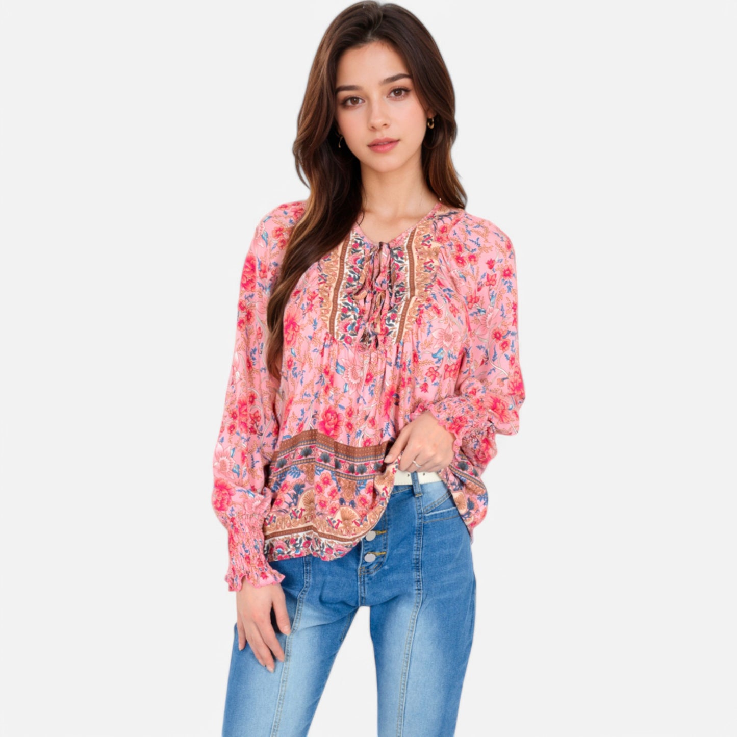 Women's Floral Boho Peasant Blouse with Long Sleeves and Tassel Tie