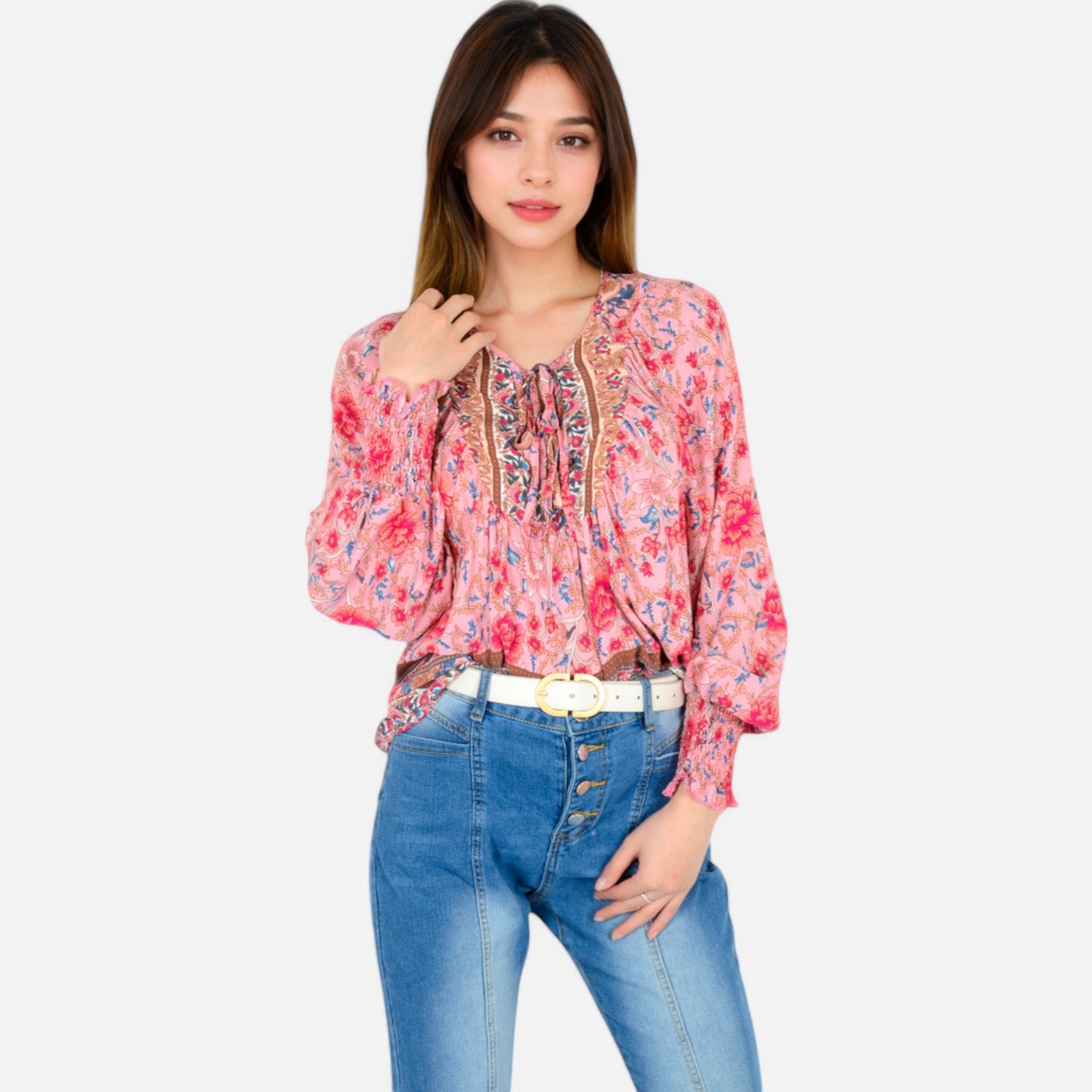 Women's Floral Boho Peasant Blouse with Long Sleeves and Tassel Tie