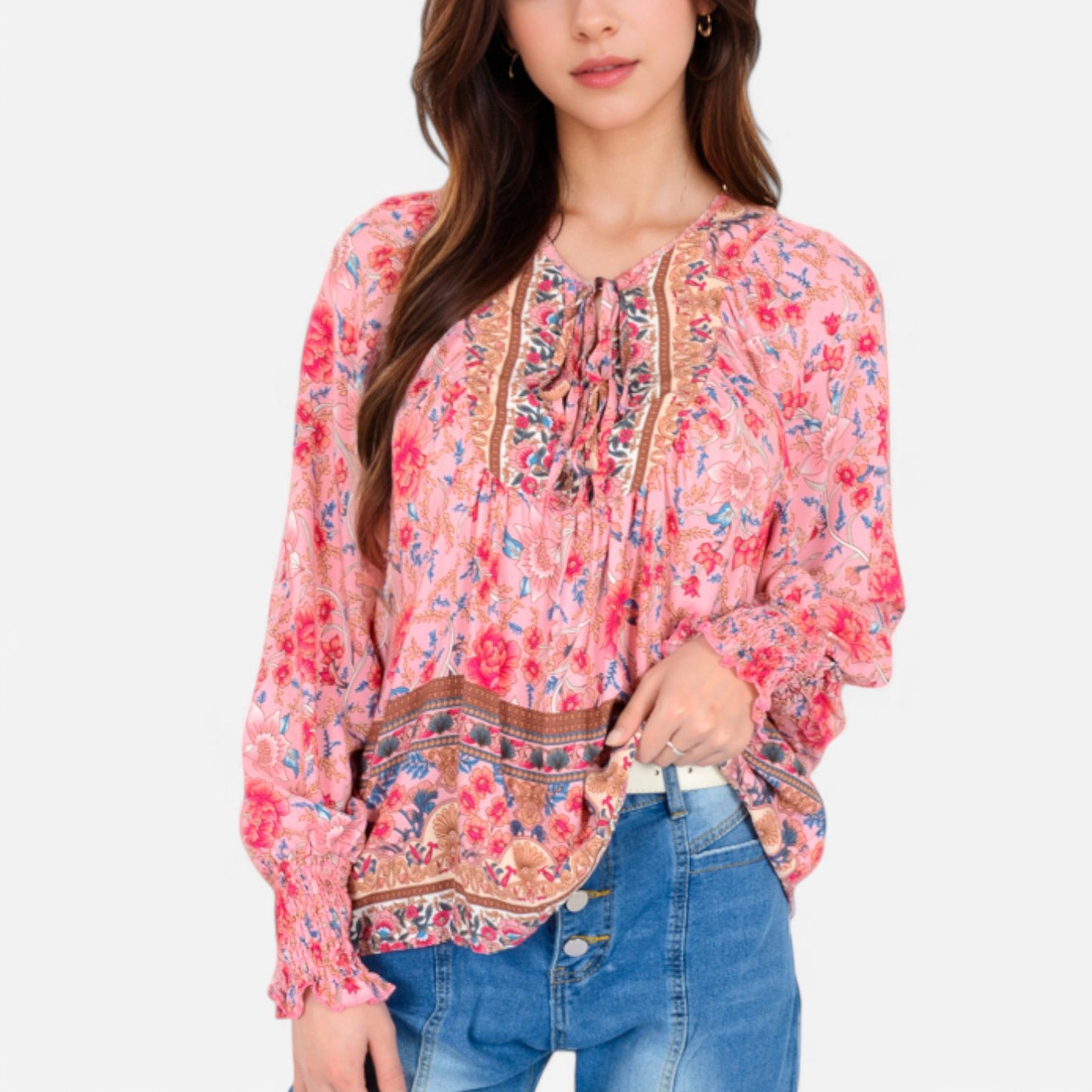 Women's Floral Boho Peasant Blouse with Long Sleeves and Tassel Tie