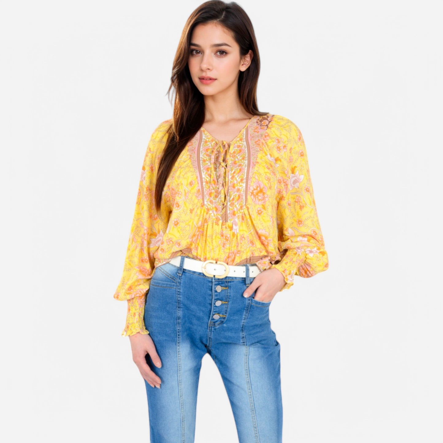 Women's Floral Boho Peasant Blouse with Long Sleeves and Tassel Tie
