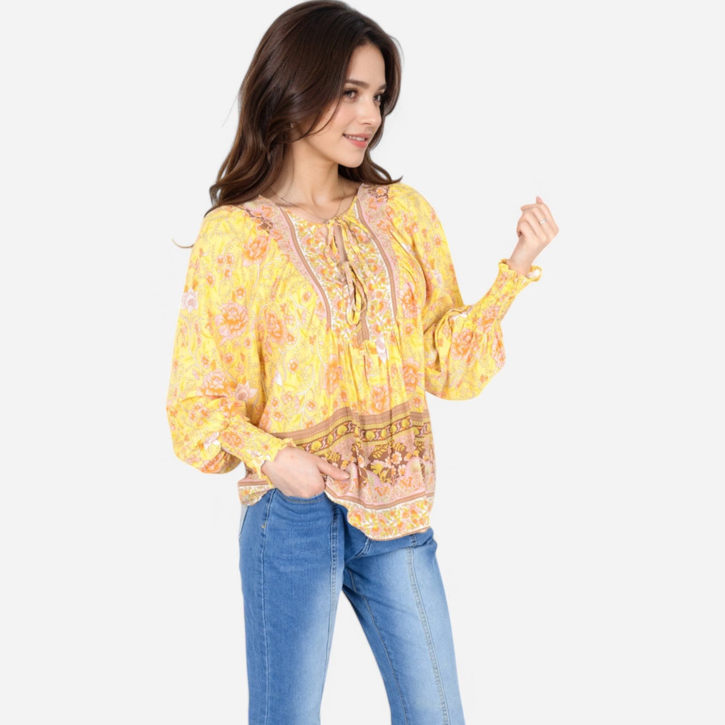 Women's Floral Boho Peasant Blouse with Long Sleeves and Tassel Tie