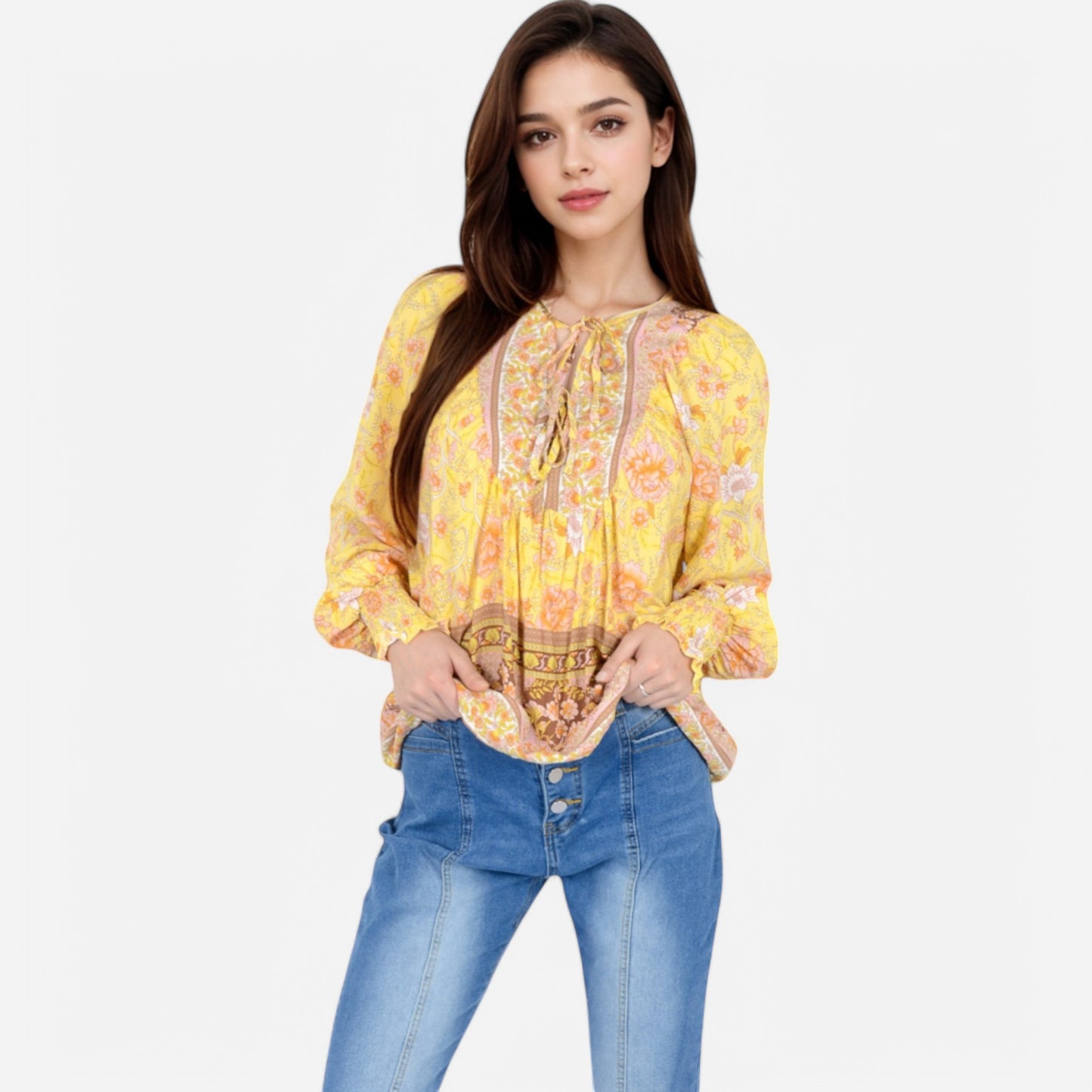 Women's Floral Boho Peasant Blouse with Long Sleeves and Tassel Tie