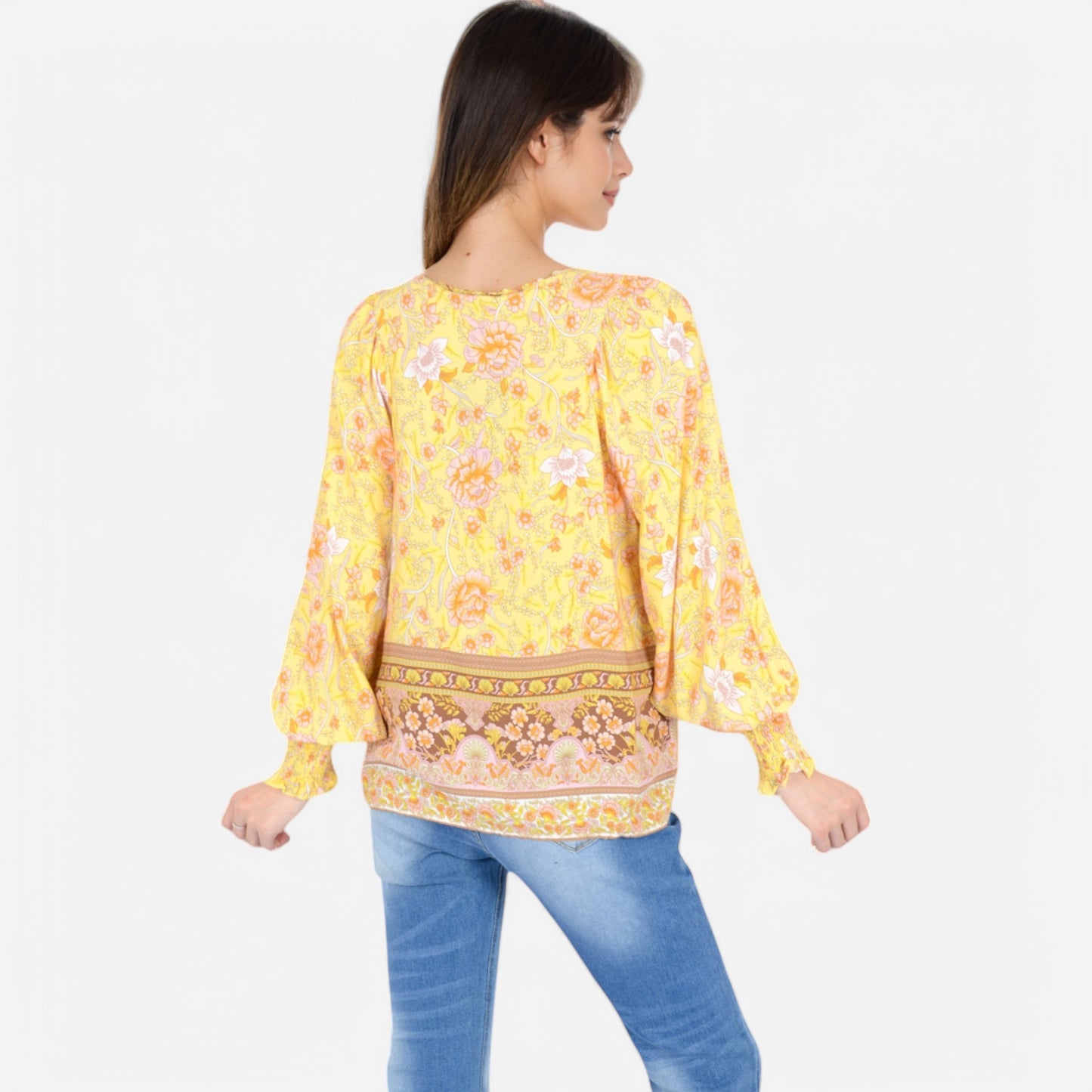 Women's Floral Boho Peasant Blouse with Long Sleeves and Tassel Tie
