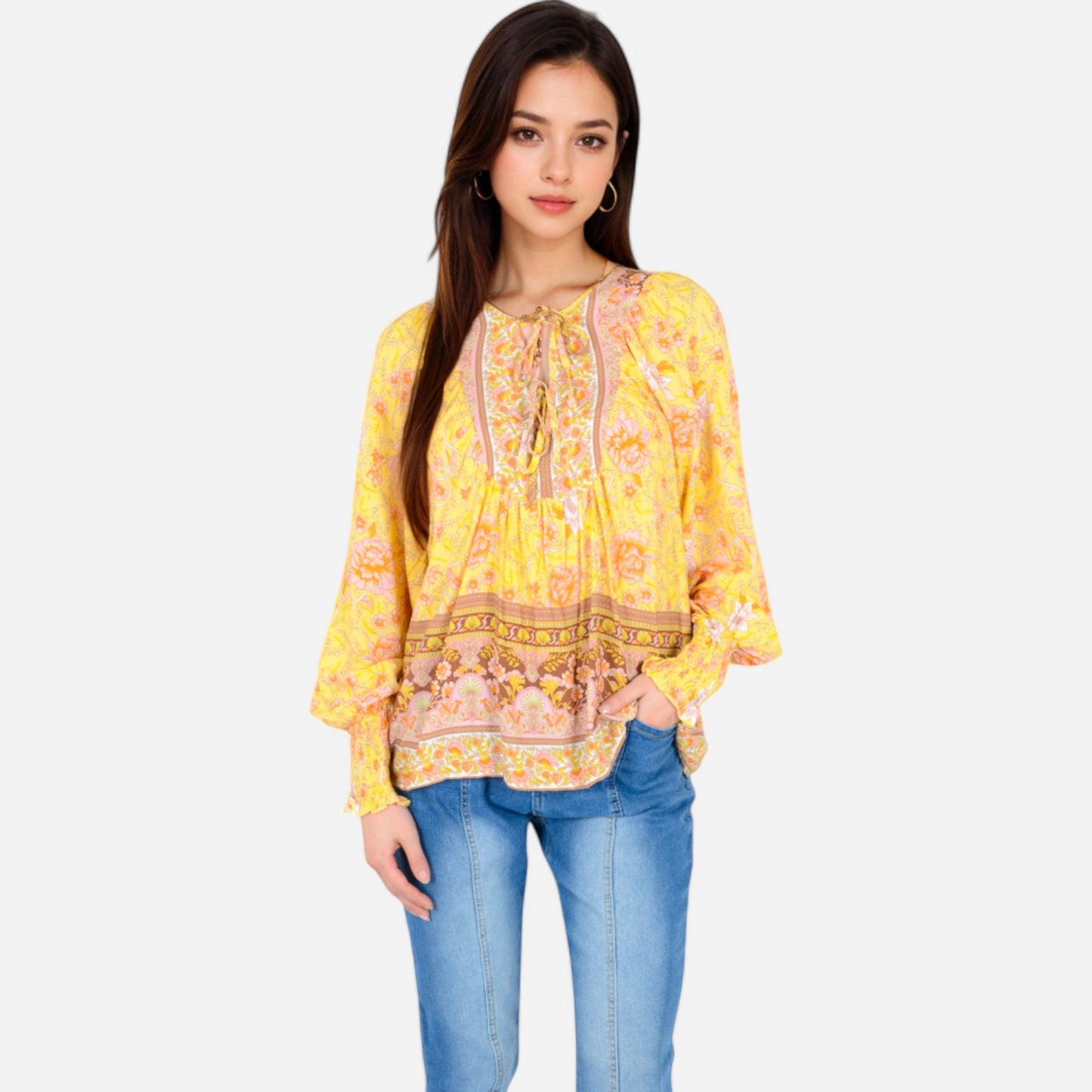 Women's Floral Boho Peasant Blouse with Long Sleeves and Tassel Tie