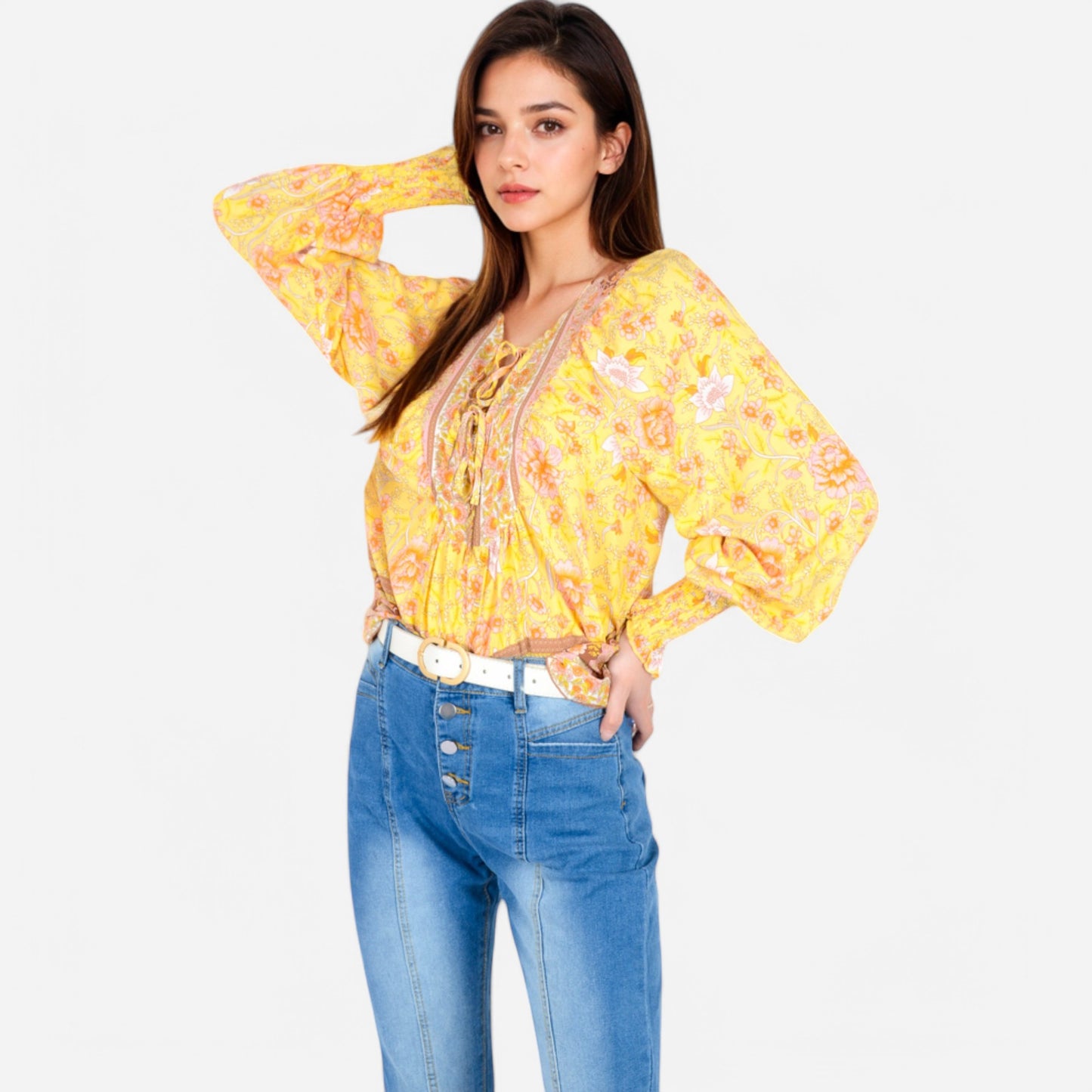 Women's Floral Boho Peasant Blouse with Long Sleeves and Tassel Tie