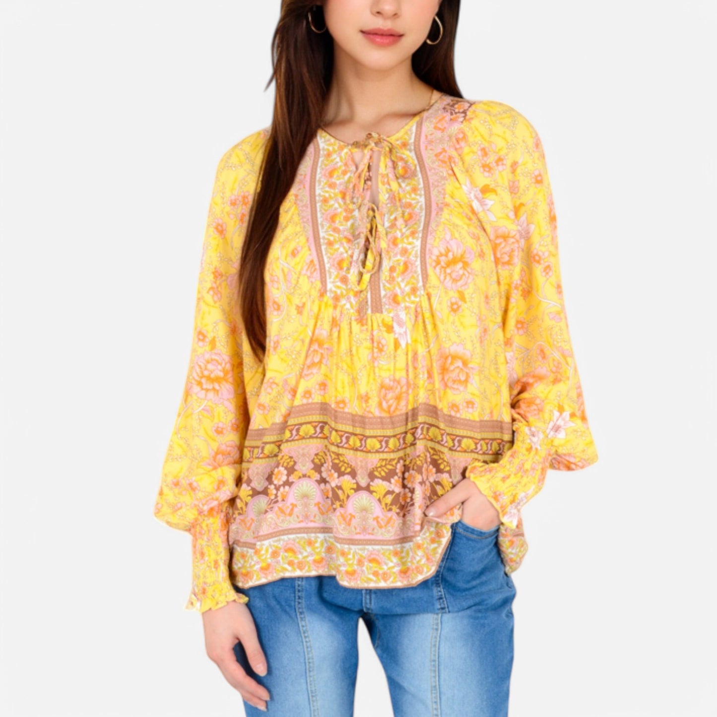 Women's Floral Boho Peasant Blouse with Long Sleeves and Tassel Tie