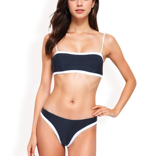 Contrast Trim Bikini Set with Scoop Neck Top and High-Cut Bottoms