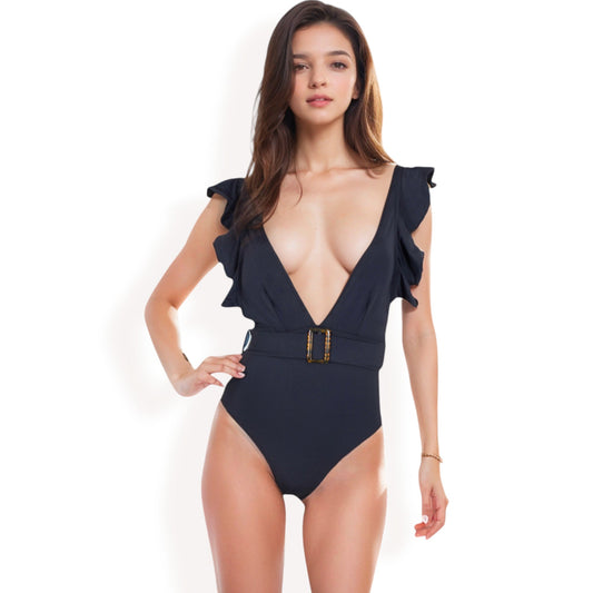 Ruffle Shoulder Deep V One-Piece Swimsuit with Belted Waist