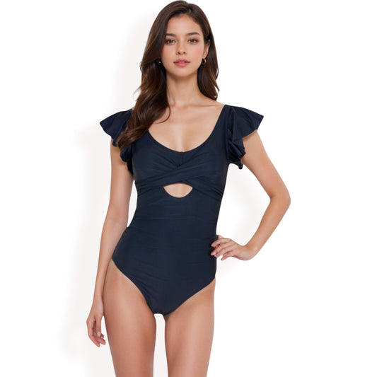 Ruffled Sleeve One-Piece Swimsuit with Twist Front and Cutout Detail