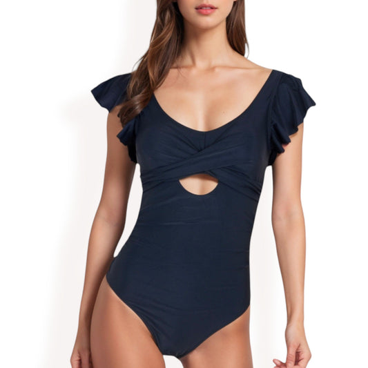 Ruffled Sleeve One-Piece Swimsuit with Twist Front and Cutout Detail