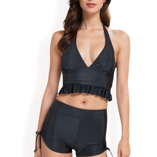 Halter High-Waisted Bikini Set with Ruched Detailing and Ruffle Hem