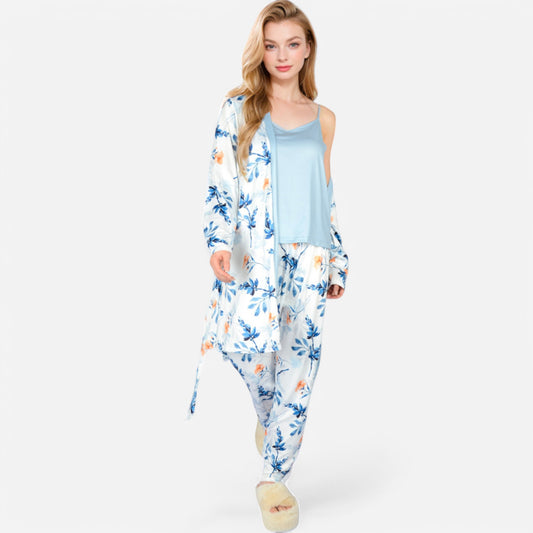 Lounge Women's Floral Print 3-Piece Pajama Set with Long Cardigan