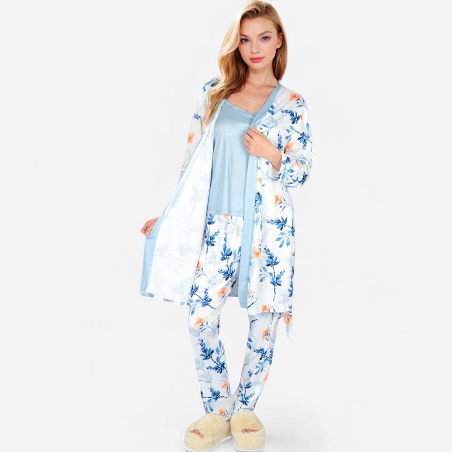 Lounge Women's Floral Print 3-Piece Pajama Set with Long Cardigan
