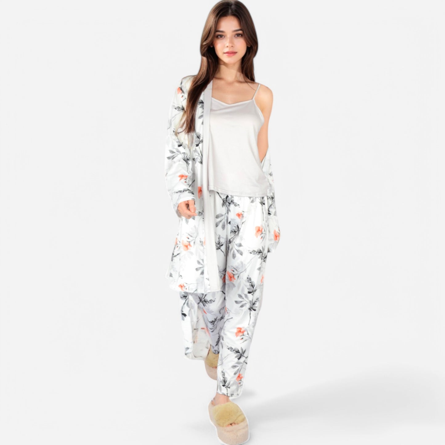 Lounge Women's Floral Print 3-Piece Pajama Set with Long Cardigan