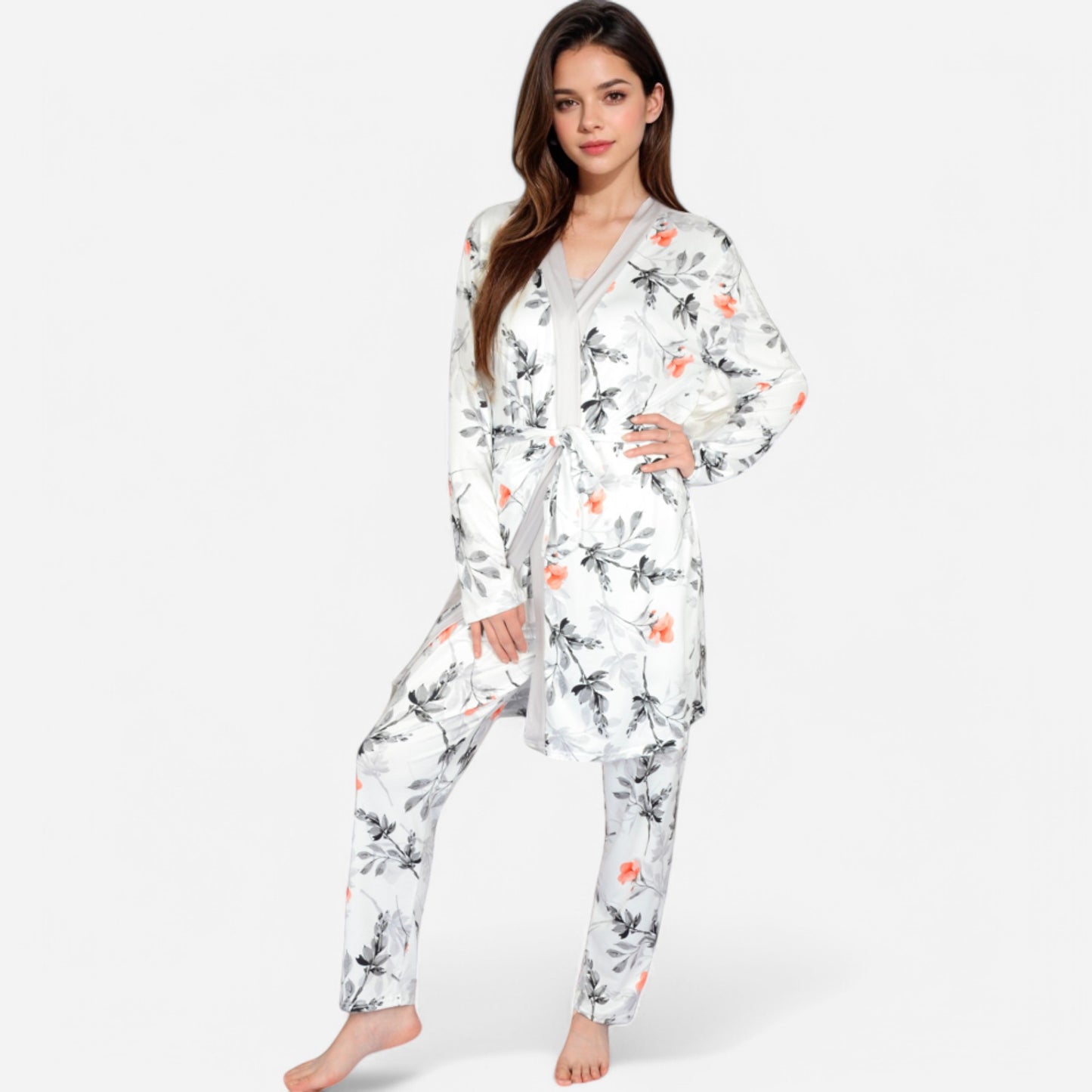 Lounge Women's Floral Print 3-Piece Pajama Set with Long Cardigan