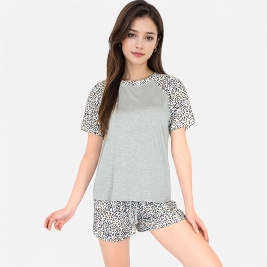 Lounge Women's Leopard Print Short Sleeve Pajama Set with Drawstring Shorts